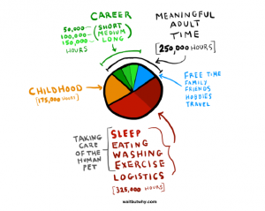 How an full life is split into your childhood, care time, and career, and how much time your career takes up in your life